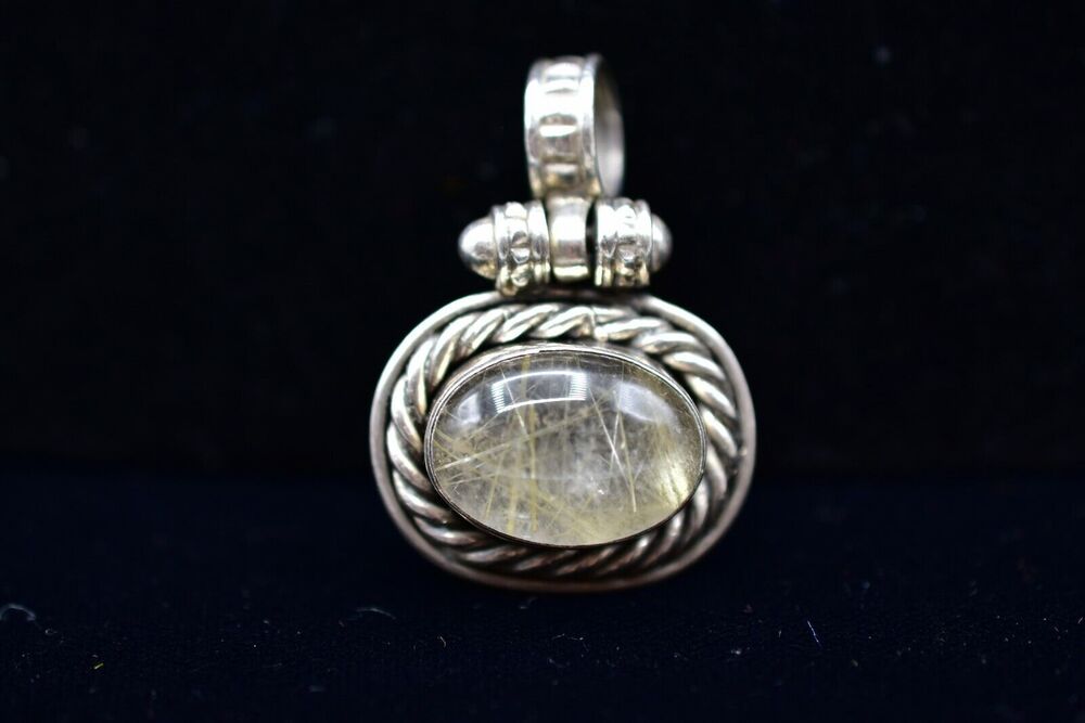 Vintage Pendant 925 Sterling Silver Gray Gemstone Rock Geode Tribal 1990s Bin7